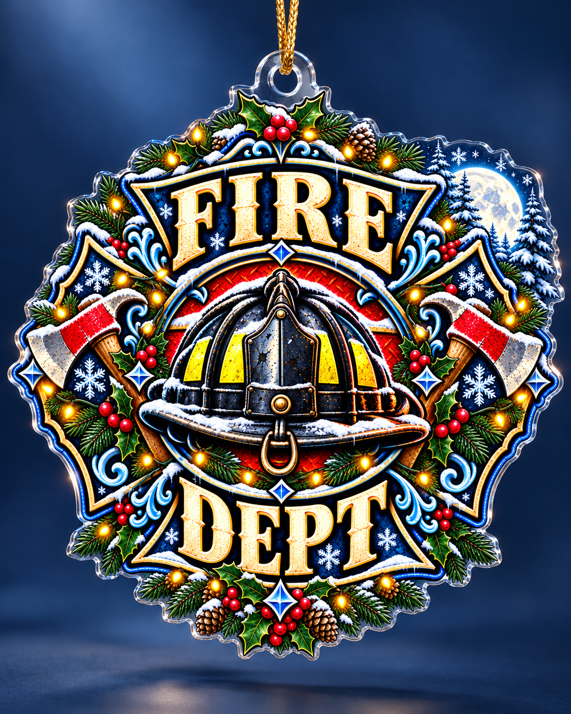 Winter Moon Firefighter Helmet Ornament
