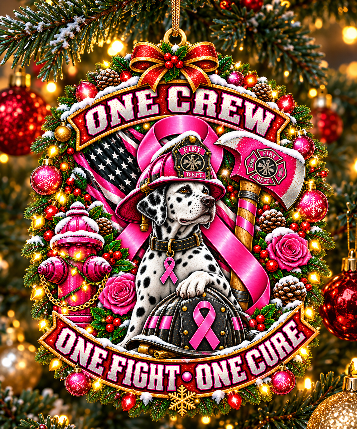 One Crew One Fight One Cure firefighter ornament - festive Dalmatian design