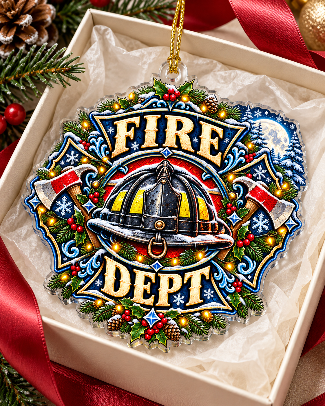 Winter Moon Firefighter Helmet Ornament