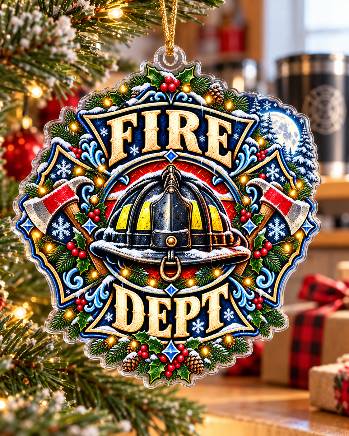 Winter Moon Firefighter Helmet Ornament