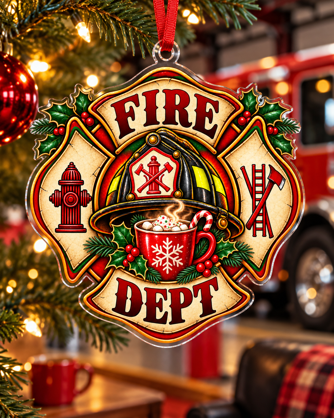 Festive Fire Department Acrylic Ornament