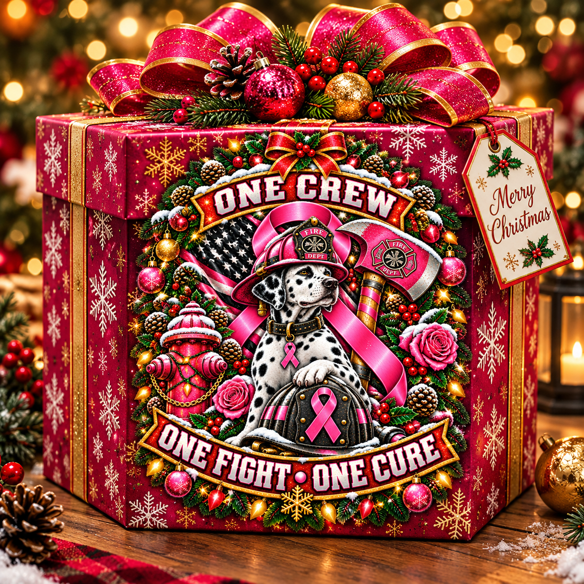 One Crew One Fight One Cure firefighter ornament - glittering Dalmatian Christmas gift