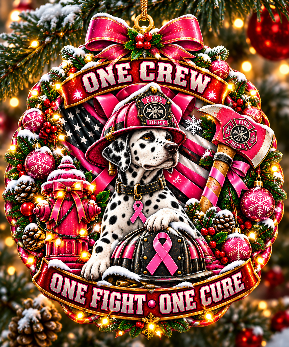 One Crew One Fight One Cure firefighter ornament - holiday design