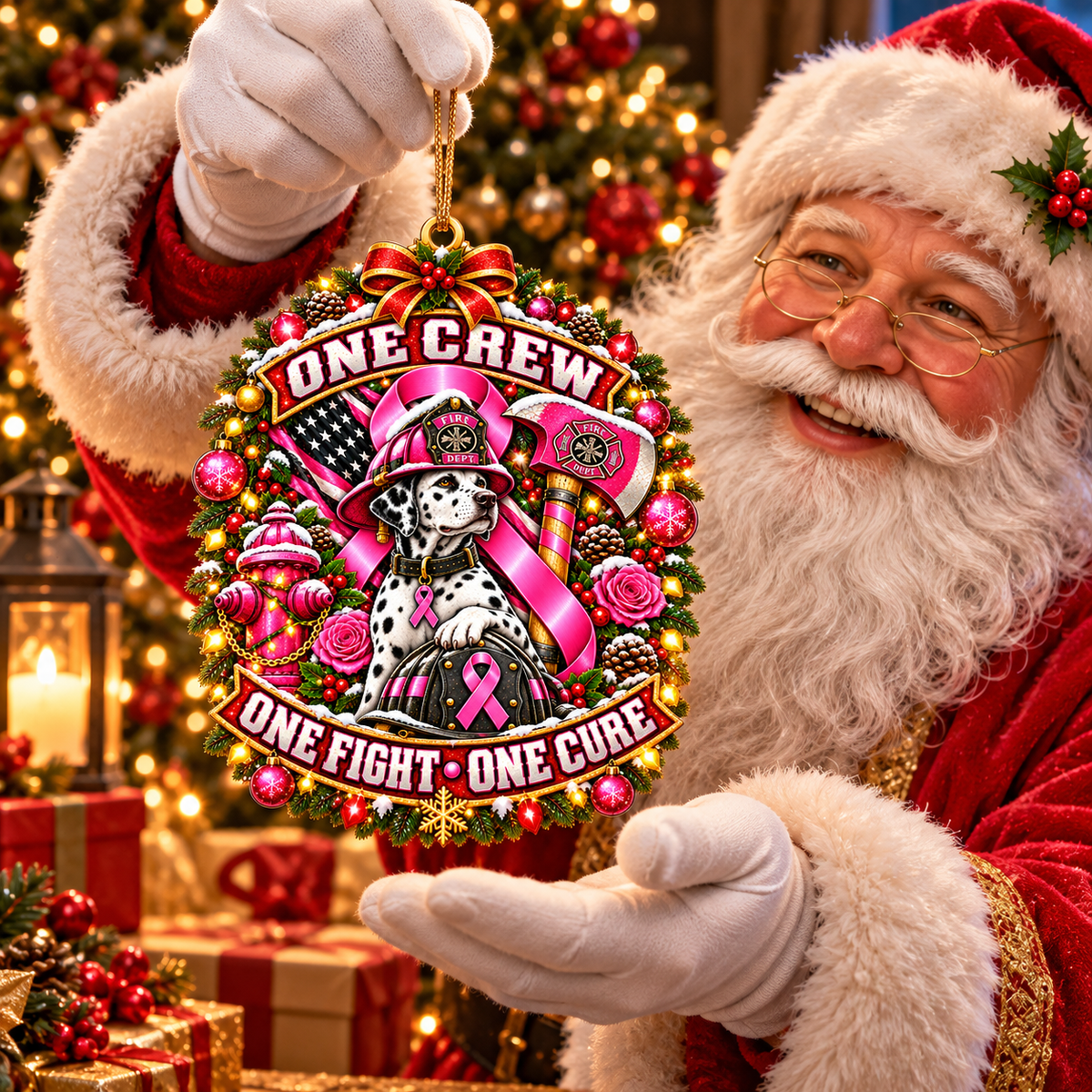 One Crew One Fight One Cure firefighter ornament - Santa presenting Dalmatian ornament