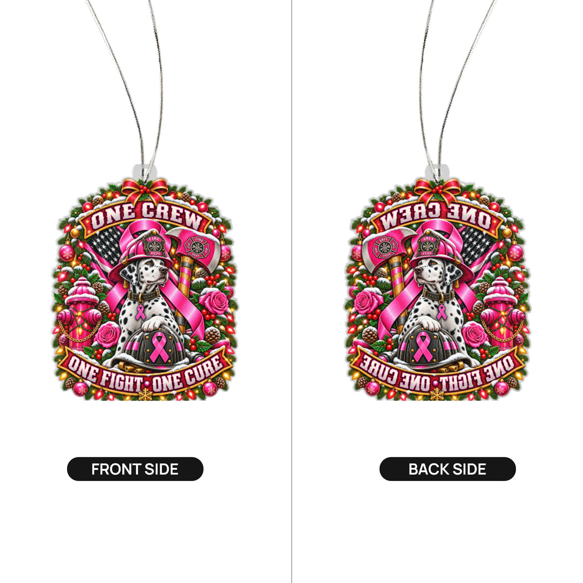 One Crew One Fight One Cure firefighter ornament - size and product details