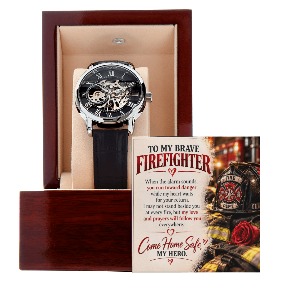 To My Brave Firefighter – Come Home Safe, My Hero – Romantic Firefighter Husband Watch Gift with Heartfelt Message Card