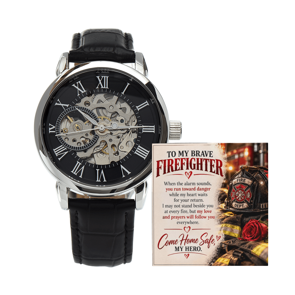 To My Brave Firefighter – Come Home Safe, My Hero – Romantic Firefighter Husband Watch Gift with Heartfelt Message Card
