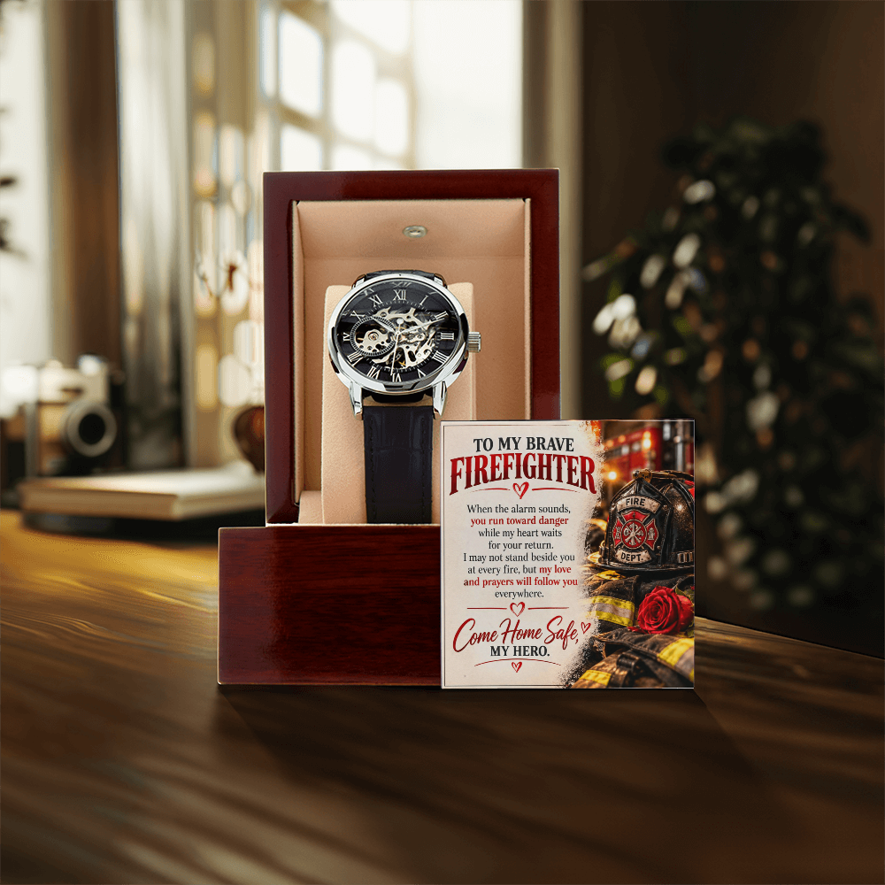 To My Brave Firefighter – Come Home Safe, My Hero – Romantic Firefighter Husband Watch Gift with Heartfelt Message Card