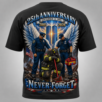 25th Anniversary 9/11 Never Forget T-Shirt - Firefighter Tribute