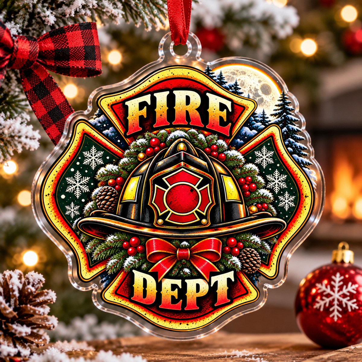 Fire Department Helmet Christmas Acrylic Ornament