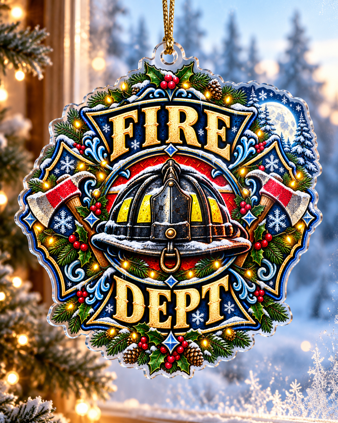 Winter Moon Firefighter Helmet Ornament