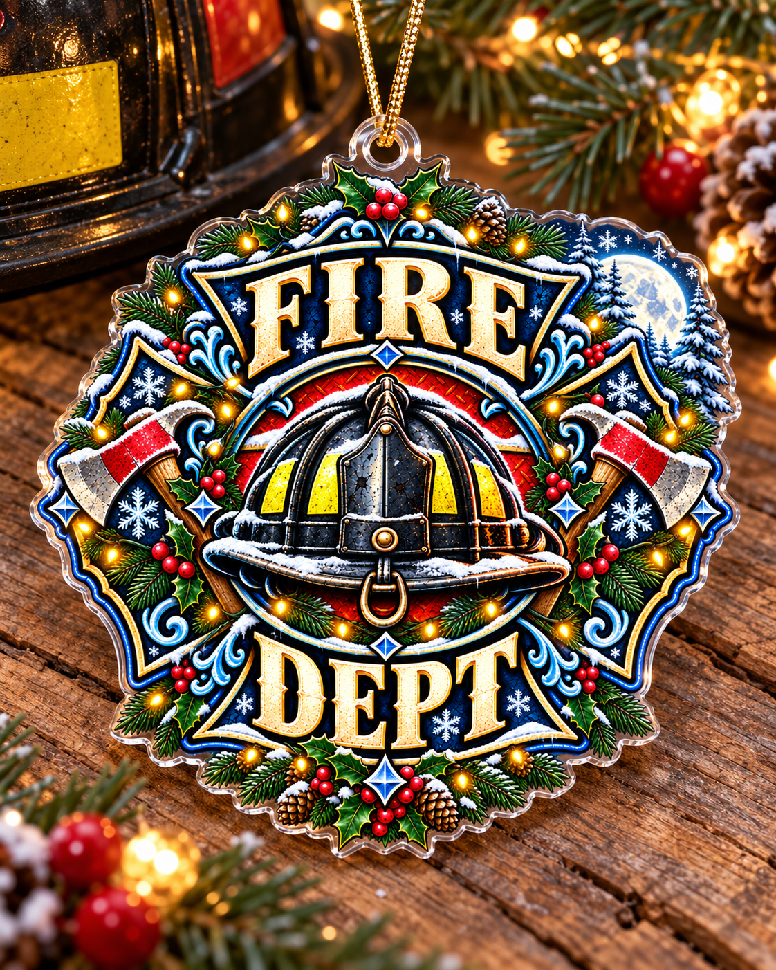 Winter Moon Firefighter Helmet Ornament