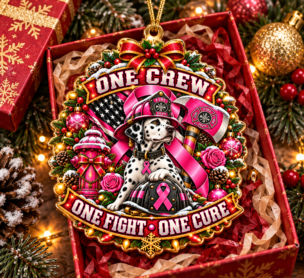 One Crew One Fight One Cure firefighter ornament - Dalmatian Christmas design