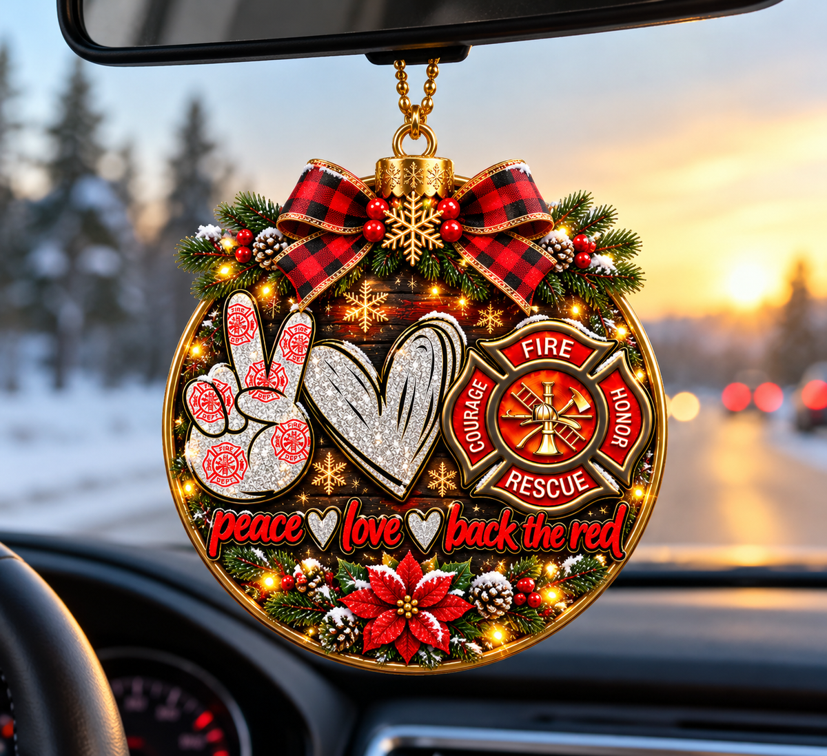 Peace Love Back the Red Firefighter Christmas Ornament