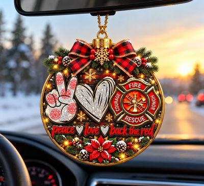 Peace Love Back the Red Firefighter Christmas Ornament