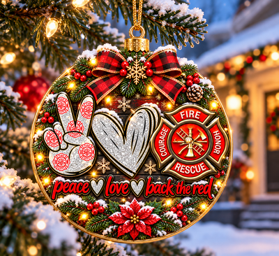 Peace Love Back the Red Firefighter Christmas Ornament