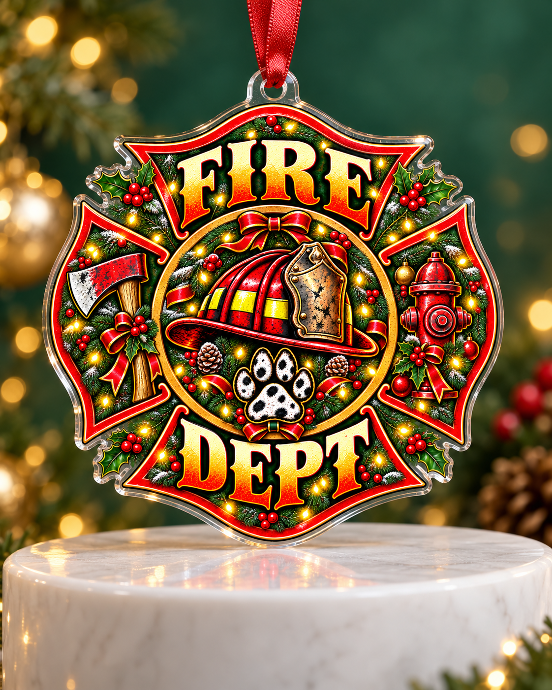 Firefighter Helmet & Wreath Ornament