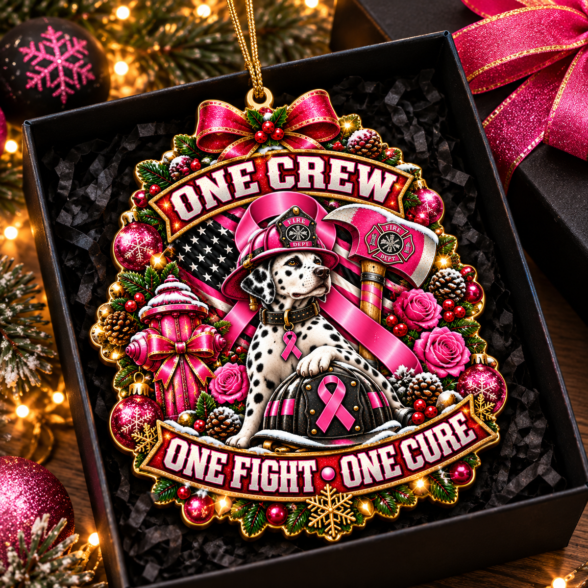 One Crew One Fight One Cure firefighter ornament - pink ribbon design