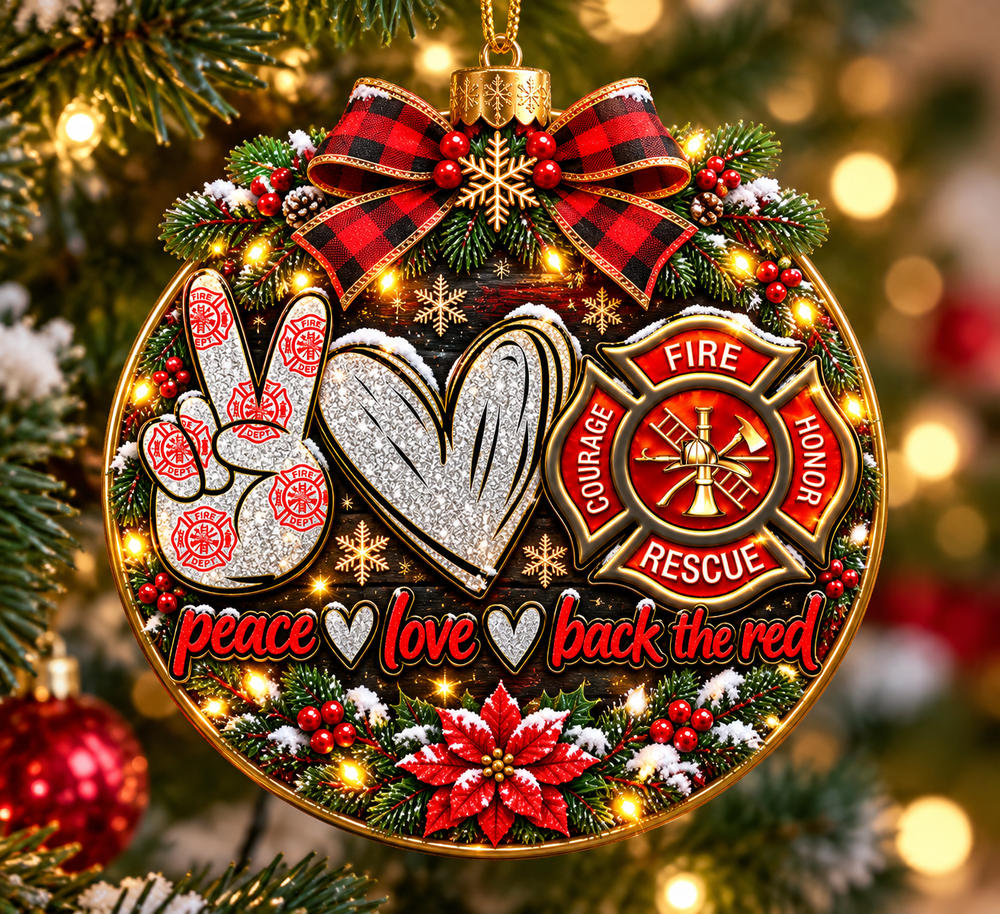 Peace Love Back the Red Firefighter Christmas Ornament – fireheroic