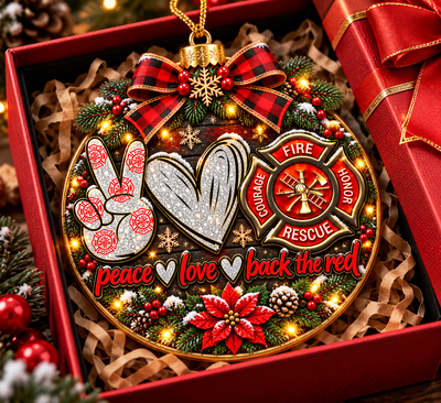 Peace Love Back the Red Firefighter Christmas Ornament