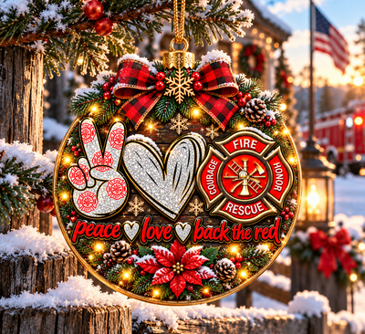 Peace Love Back the Red Firefighter Christmas Ornament