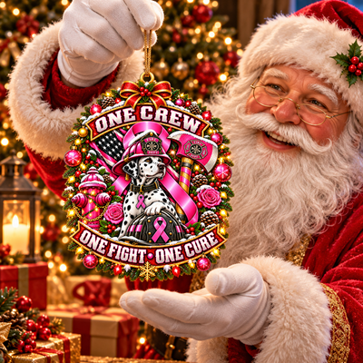 One Crew One Fight One Cure firefighter ornament - Santa presenting Dalmatian ornament