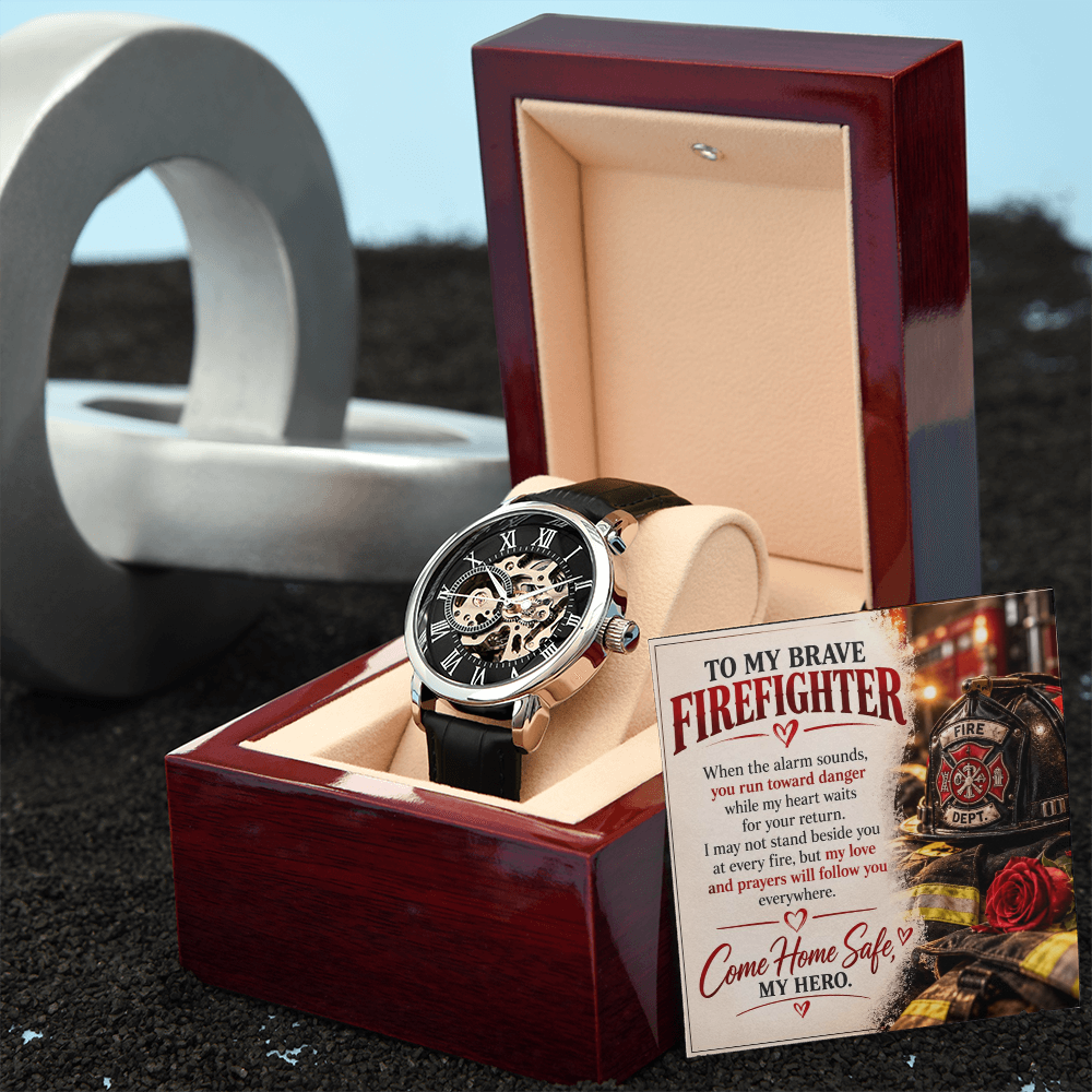 To My Brave Firefighter – Come Home Safe, My Hero – Romantic Firefighter Husband Watch Gift with Heartfelt Message Card